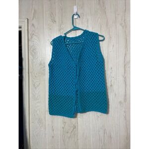 Homemade Knit‎ Crocheted Vest Aqua Small Festival Boho Open With Two Ties